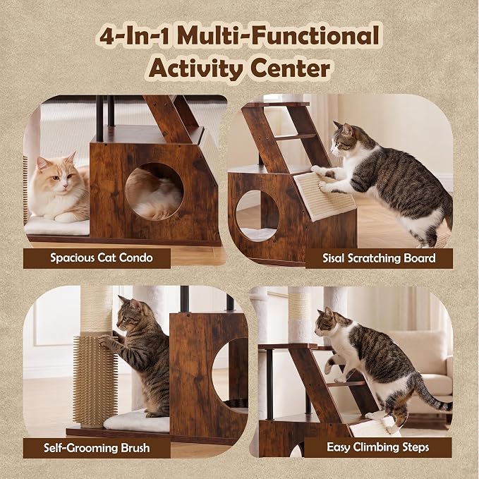 Heybly Wooden Cat Tree, 75" Cat Tower with Large Loft-Style Condo HCT123SR | Grooming Brush Cat Furniture with Side Scratch Area, Climb Stairs, Hammock, 2 Baskets, Dual Perches, Easy Clean, Rustic Brown - Image 2