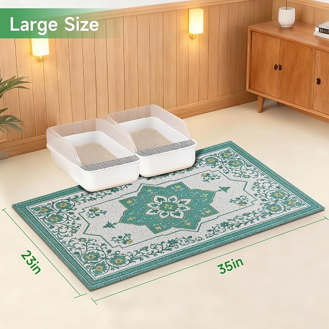 Cat Litter Mat, 35" x 23" Litter Box mat, Traps 100% Litter, Non-Slip Kitty Litter Trapping mats, Large Cute Litter mat, Easy Clean for Scatter Control, Bohe cat Food mat, Urine Waterproof - Image 7