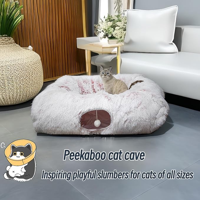 XxingSheep Extra Large Cat Tunnel Bed Plush Cat Cave for Indoor Cats | Spacious rectangular sleeping area allows adult cats and multi-cat homes to stretch, relax and sleep comfortably Pink - Image 2