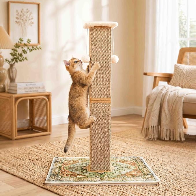 Tall Cat Scratching Post for Indoor Cats Adults with Carpet, Green | 33 Inch, Large Cat Post with Perch, Heavy Duty&Stable, Sisal Rope, Cute Cat Scratcher with Boho Carpet & Dangling Ball Toys - Image 9
