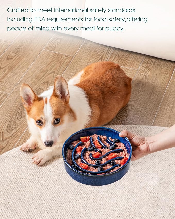 vancasso Slow Feeder Dog Bowl, 1.5 Cup Ceramic Slow Feeding Food Dish for Small and Medium Breed, Puzzle Dog Food Bowl for Fast Eater, Blue - Image 6