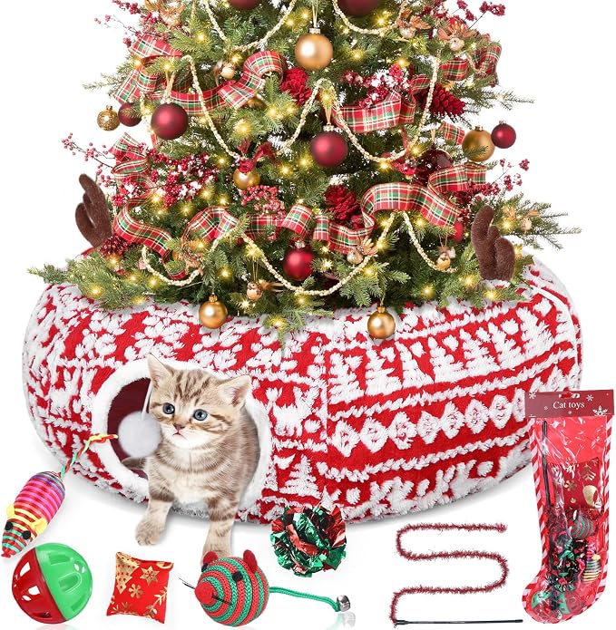 Dansydaisy Cat Tunnel Christmas Tree Skirt, Snowflake Deer Cat Tunnel Bed with Toys, Hanging Ball Plush Washable Cushion and Dangling Balls 3FT Peekaboo Playground for Small Medium Rabbit Xmas Decor - Image 2