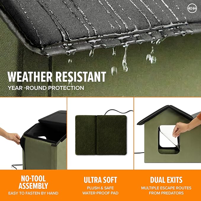 K&H Heated Cat House, Outdoor Extra-Wide Kitty House, Safety Listed, 20W | Heated Cat House for Outside, Weatherproof Shelter for Ferals, Insulated Shelter, 2 Doors, Waterproof Kitty Bed, Olive - Image 3