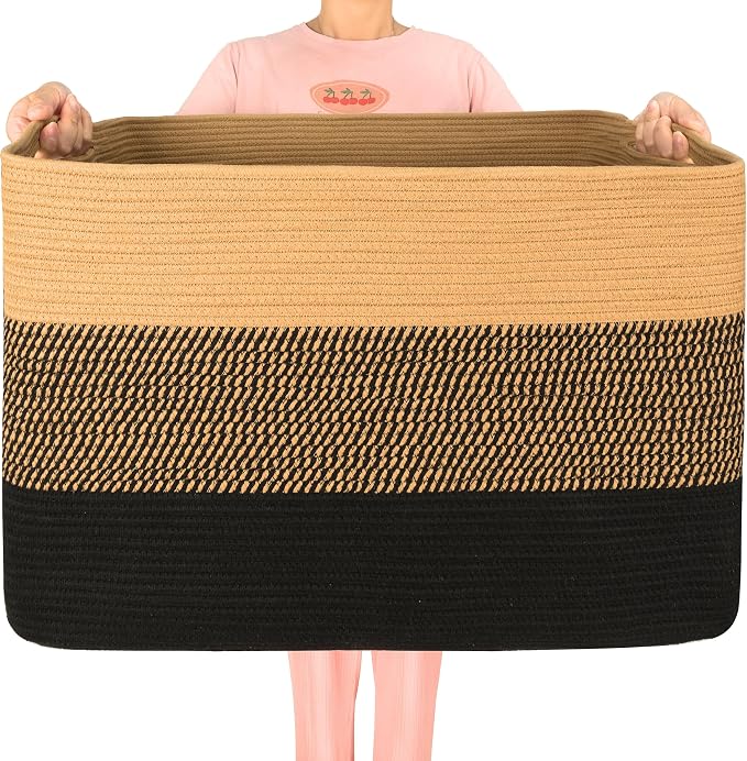 MINTWOOD Design 112L Extra Large Blanket Basket Holder Living Room, 25"x17"x16" Rectangle Rope Woven Storage Basket with Handles for Laundry, Pool Towels, Shoes, Dog Toy Organizer Bin Box, Black Jute by MINTWOODDesign