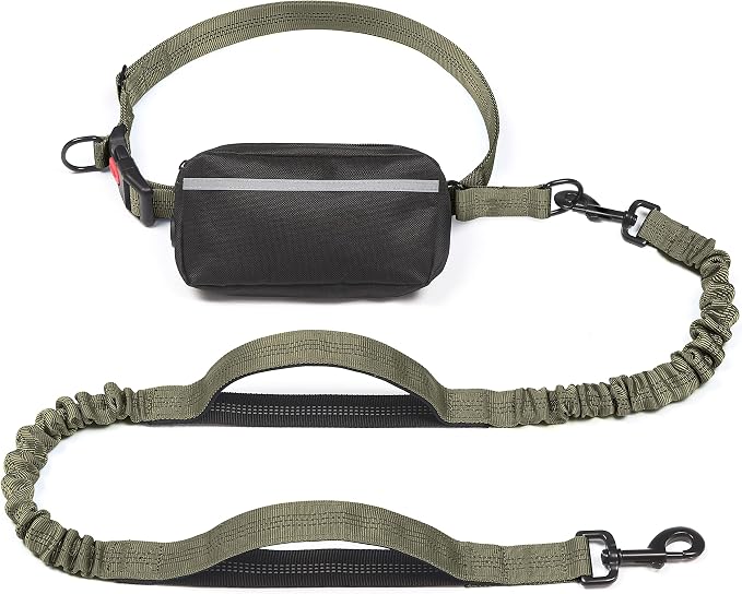 Hands Free Dog Leash with Zipper Pouch, Medium, Military Green | Waist Leash, Dual Padded Handles, Shock-Absorbing Bungee, Adjustable Waist Belt, Walking and Running by iYoShop