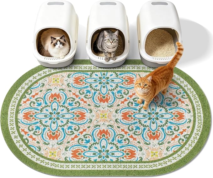 Cat Litter Mat,40"x30" High Density PVC Litter Trapping Mat, Non-Slip, Waterproof & Urine-Proof Litters Catcher Mats, Keep Floor Clean, Soft on Kitten Paws, Cat Essentials Bean Green by Yigerlee