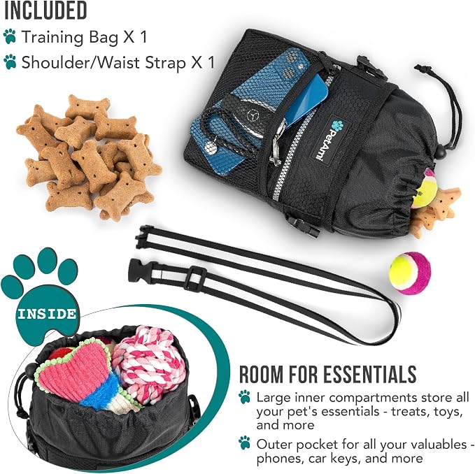 PetAmi Dog Treat Pouch, Pet Treat Pouch for Training, Dog Walking Bag Holder for Kibbles, Pet Food Toy, Dog Trainer Essentials Supplies, Poop Bag Dispenser, 3 Ways to Wear (Black) - Image 2
