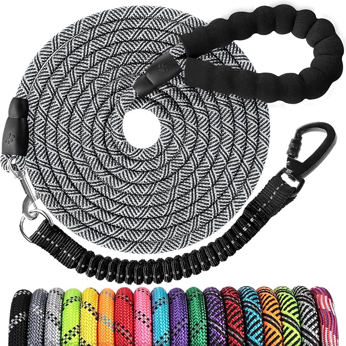 Long Dog Leash 20 FT: Heavy Duty Rope Leashes for Dogs Training with Swivel Lockable Hook Reflective Threads Bungee and Padded Handle - Dog Lead for Large Small Medium Dogs Outside Walking Hiking Grey by jenico