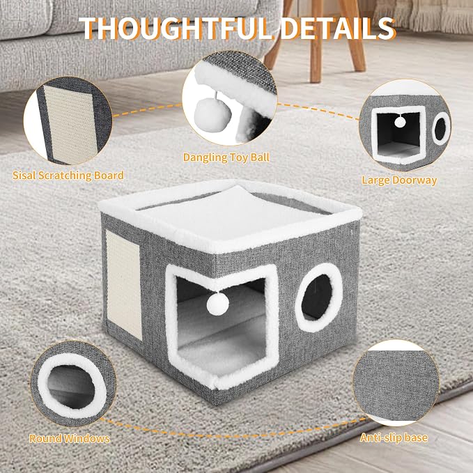 Cat Beds for Indoor Cats, Large Cat Cave with Fluffy Ball and Scratch Pad, Foldable Cat Scratch House with Hideaway Condo for Kitten, Grey - Image 8