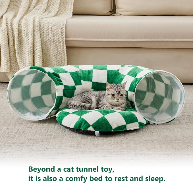 Cute Round Cat Tunnel for Indoor Cats, Green/White | Peekaboo Cat Cave with Dangling Balls, Checkered Pet Donut Tunnel Bed with Circle Mat for Puppy Kitten Rabbit - Image 5