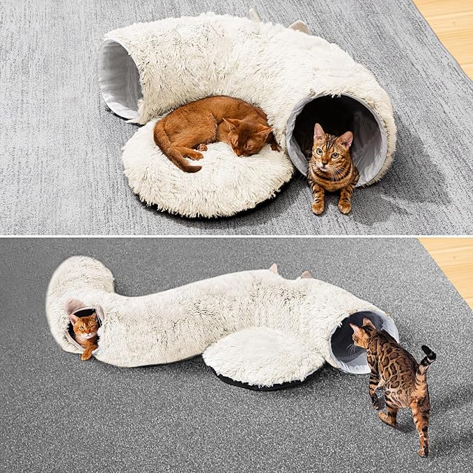 Cat Tunnel with Cat Bed for Indoor Cats, Soft Plush Peekaboo Cat Cave Donut Tunnel, Multifunctional Playground Toys Hideplace for Small Medium Large Kittens, Rabbit, Ferret (Cream White) - Image 3