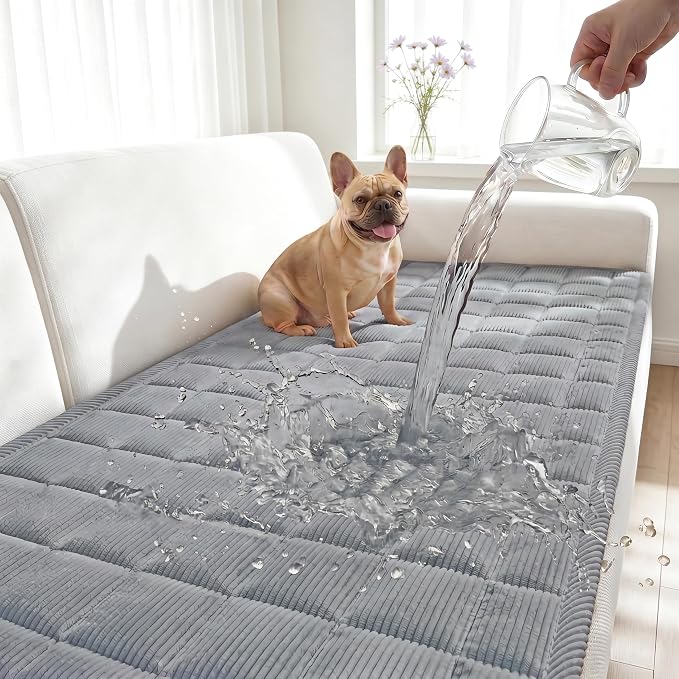 Fixwal Waterproof Corduroy Dog Couch Cover, 27.6" x 94.5", Light Gray | Integrated TPU Barrier, Non-Slip Backing, Machine Washable, Pet Friendly, Easy Clean Pet Hair, Soft Sofa Cushion Protector by Fixwal