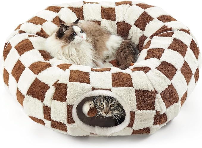 Lesure Donut Cute Jacquard Cat Tunnel Bed Kitten Toys for Puppy Bunny | 33.5x33.5x10in,Round Cat Bed Tube for Indoor Cats Rabbit Dog,Pet Peekaboo Cave Toy,Spiral Hideaway,Washable Cushion,Brown by Lesure