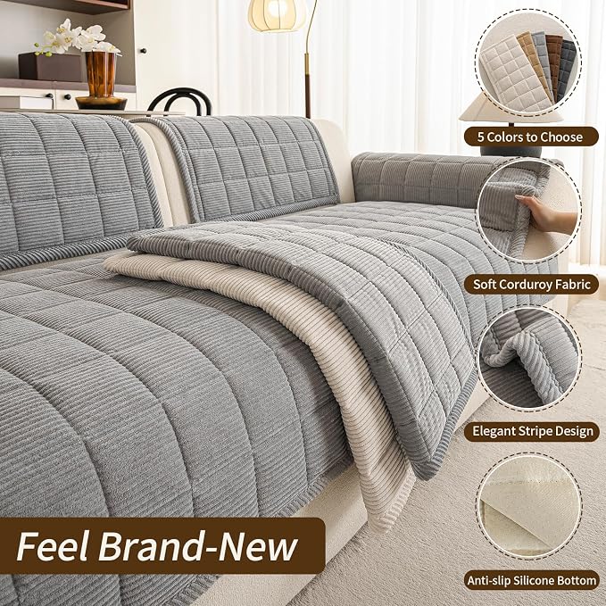 Couch Covers for Sectional Sofa, L Shaped Modular Couch Cover | 35”x83” Light Grey Velvet Non Slip Sofa Covers Washable for 3 Cushion Sofa, Couch Protect Against Pet Hair, Scratches Stains - Image 3