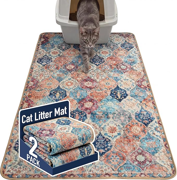 Hompet Cat Litter Mat 2 Pack, 36x60 Large Machine Washable Trapping Mats for Cats, Super Absorbent & Urine-Proof Cat Litter Box Mat for Floor, Waterproof & Non Slip Kitty Litter Rug by Hompet