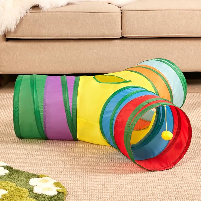 Tempcore Cat Tunnel for Indoor Cats, 3 Way Collapsible Pet Play Tunnel with Teaser Wand, Peek Holes & Hanging Ball, Interactive Tube for Kittens & Rabbits, Rainbow - Image 2