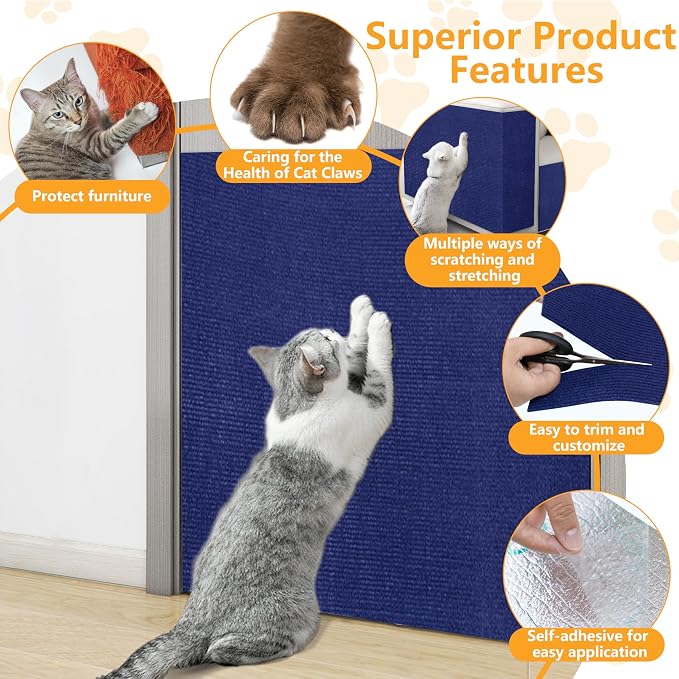 Cat Scratch Pad for Wall, Scratch Furniture Protector(78.7”×15.8”) | Cuttable and Adhesive Cat Scratching Mat, Fun Interactive Scratcher (Dark Blue) - Image 3