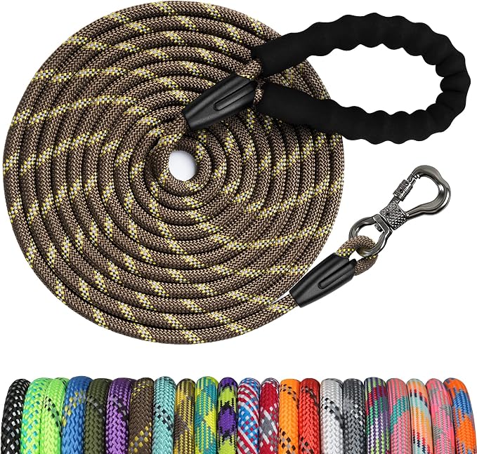 NTR 15FT Training Leash for Dogs, Reflective Nylon Rope with Swivel Lockable Hook and Comfortable Handle, Suitable for Small to Large Dogs, Brown by NTR
