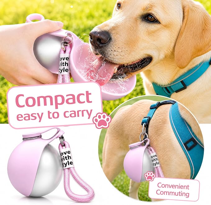 Portable Dog Water Bottle for Walking, 10oz Stainless Steel Pet Water Dispenser with Foldable Silicone Bowl, Leak-Proof Puppy Water Bottle for Small Dogs&Cats,Travel Hiking Outdoor Use(Pink) - Image 6