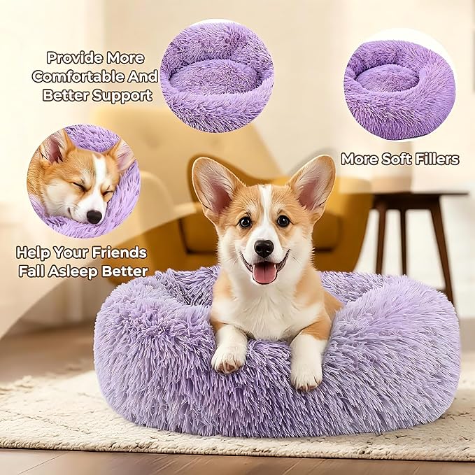 Calming Donut Dog and Cat Bed for Indoor Cats, Anti-Anxiety Round Fluffy Soft Washable Small Pet Bed for Puppy and Kitten, Warming Comfortable Luxury Anti-Slip Waterproof Mute Base 20in Purple - Image 4