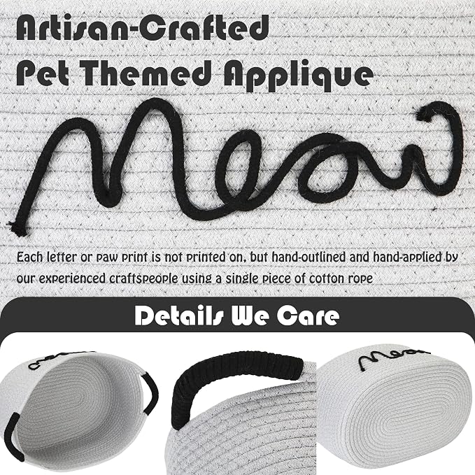 Sea Team Cat Toy Storage Basket with Handles, Gray Meow | Large Cotton Rope Storage Bin, Shelf Basket, Organizer for Pet Chew Toys, Foods, 16.5 x 11 x 7 Inches, 4.4 Gallons - Image 5