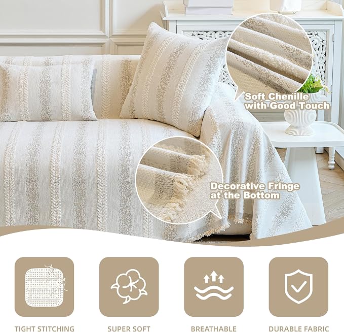 Couch Cover for Dogs Washable Sofa Cover, Sectional Couch Covers, Sofa Covers for 2 Cushion Couch, Non Slip Stripe Sofa Slipcovers Furniture Protector (Beige, 71x102) - Image 4