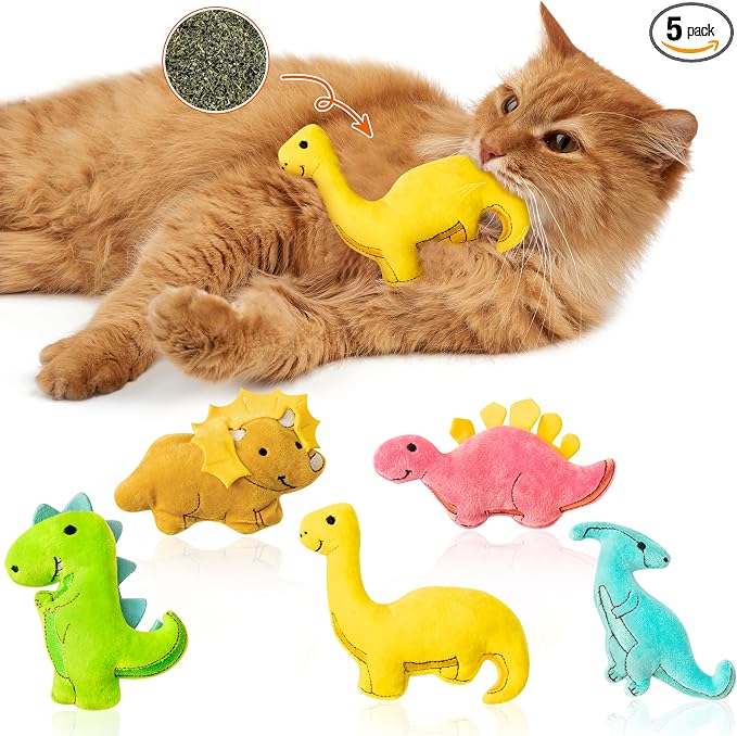 MALLMALL6 5Pcs Dinosaur Catnip Toys for Cat, Indoor Cat Chew Bite Kick Catmint Pet Supplies for Kitten Lover Gifts, Interactive Pet Toy with Cute Expression by MALLMALL6