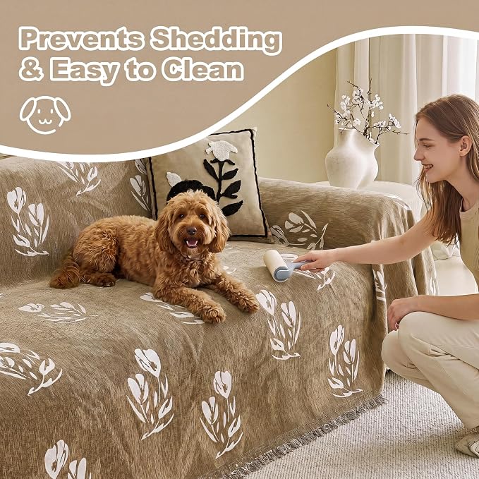Couch Cover for Dogs Washable Sofa Cover, Sectional Couch Covers, Sofa Covers for 2 Cushion Couch, Non Slip Stripe Sofa Slipcovers Furniture Protector (Floral ‌Light Coffee 91x102) - Image 7