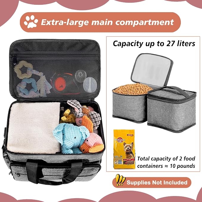 Dog Travel Bag, Large Pet Travel Set with Multi-Function Pockets | 2 Food Storage Containers, 2 Collapsible Bowls, 1 Feeding Mat for Pet Supplies, Road Trip Essentials, Weekend Camping, Grey - Image 8