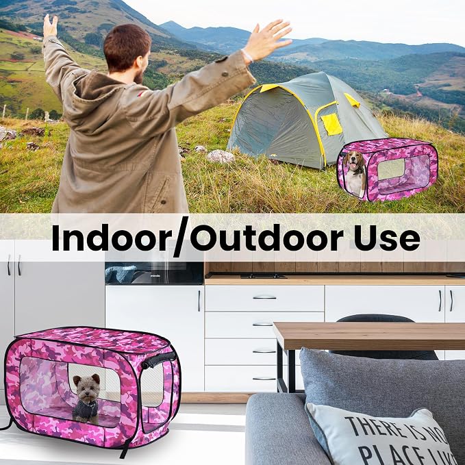 Portable Collapsible Pop Up Kennel, 40" L x 27" W x 27" H, Camo Pink | Collapsible indoor/outdoor travel cat and dog crate with mesh screen windows pops up and folds flat for easy storage - Image 6