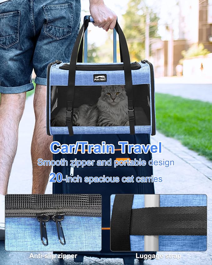 Soft-Sided Large Cat Carrier for 2 Cats, Spacious Foldable Pet Travel Carrier for Large Cats up to 25 Lbs, Double Cat Bag with Shoulder Strap, 20x13x13 Inch, Fits Maine Coon and Small Dogs, Blue | Spacious 20×13×13 in design with reinforced frame for o... - Image 5