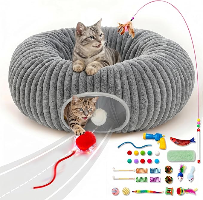 31 Pcs Interactive Cat Toys for Indoor Cats, Cat Tunnel with Moving Ball, Cat Toy Launcher, Catnip Toys, Chew Rope, Feather Wand, Springs and Balls for Indoor Kittens, Grey by Unknown