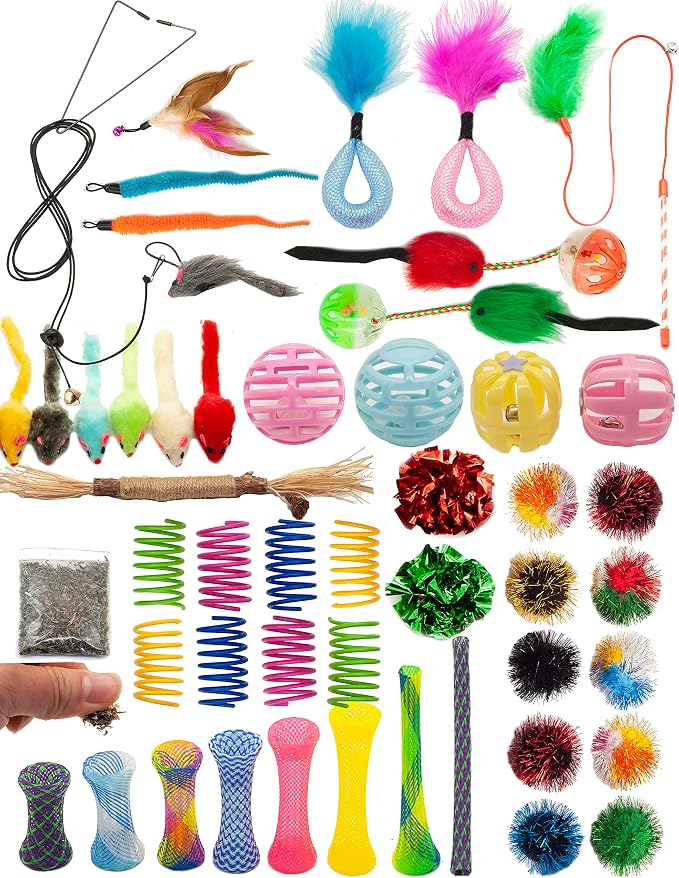 Fashion's Talk Cat Toys 50 Pcs for Indoor Cats,Interactive Door Hanging Mice Feather Toy Cat Spring Toy Cat Wand Catnip Crinkle Balls Silvervine Stick by Fashion%27s+Talk