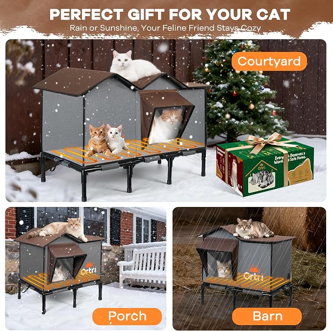 Outdoor Heated Cat House for Outside: Winter Insulated Weatherproof 20"×14.3"×20.5" Shelter with Heating Pad for Feral Kitty Foldable Out Door Elevated Warm Pet Bed with Extra Large Warming Cathouse - Image 5