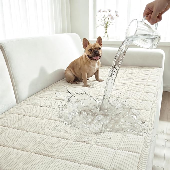 Fixwal Waterproof Corduroy Dog Couch Cover, 27.6" x 82.7", Off White | Integrated TPU Barrier, Non-Slip Backing, Machine Washable, Pet Friendly, Easy Clean Pet Hair, Soft Sofa Cushion Protector by Fixwal