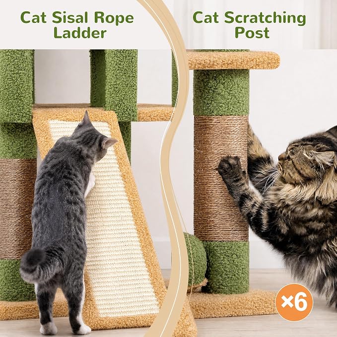 Globlazer Heavy Duty Cactus Cat Tree for Large Cats, Sturdy 72in Maine Coon Cat Tree for Large 20 lbs+ Cactus Cat Tower for Adult Biggest Cats with 6 Scratching Posts, Hammock, S72, Green - Image 5