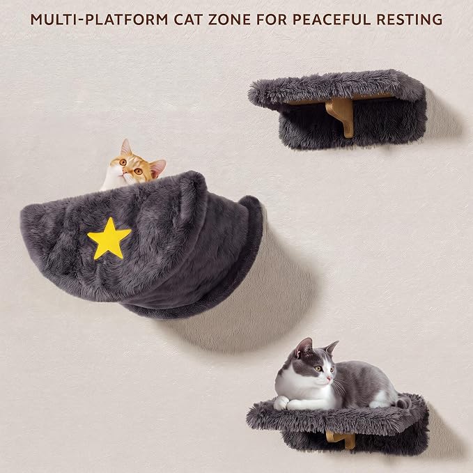 13-in-1 Cat Wall Shelves, Moon & Bridge Cat Wall Furniture, Grey | Wall Mounted Cats Shelf Set with Plush Fabric, Cat Climbing Systems for Adult Cats, Condo, Scratching Post, Space-Saving - Image 5