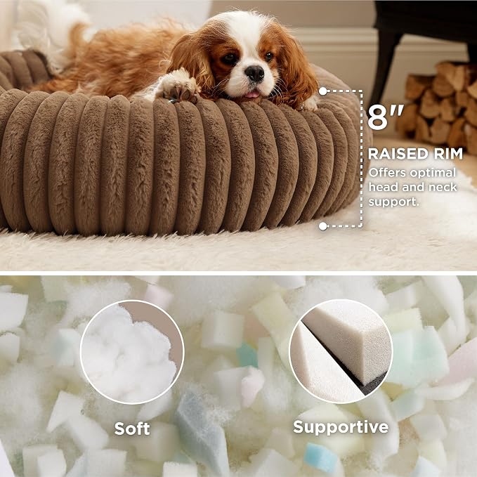 Bedsure ComfyFleece™ Donut Medium Dog Bed - Washable Faux Fur with Corduroy Fleece & Anti Slip Bottom, Round Pet Bed with Removable Cover, Camel Brown, 30x30x8 inches | 30x30x8in, Calming Round Pet Bed, Support Plush , with Removable Corduroy Fleece fo... - Image 2