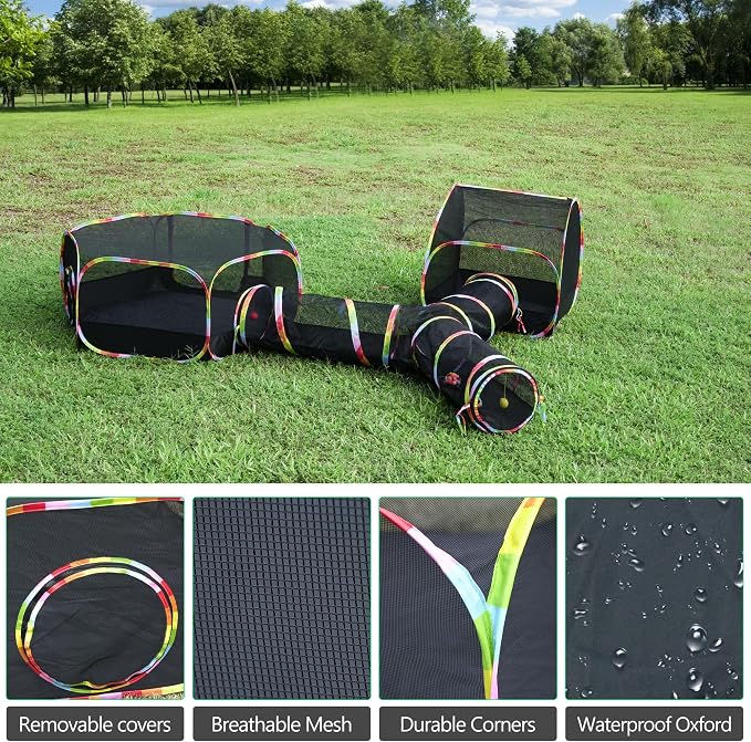 Outdoor Cat Enclosure, 3-in-1 Portable Pop Up Cat Mesh Tent with Tunnel for Cat Run, Easy Set Up and Foldable Catio Playground for Indoor Cats, Rabbits & Small Animals, Includes Storage Bag - Image 5