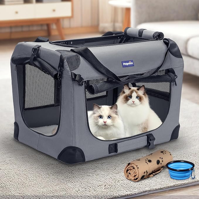 Petprsco Portable Collapsible Dog Crate, 24" Soft Dog Crate for Car Travel | Includes Mat, Blanket & Bowl, Strong Fabric, 4-sided Mesh Vents, 3 Doors, Fit Small Dogs & Large Cats Indoor and Outdoor Use - Image 2