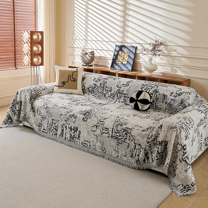 MYSKY HOME Boho Couch Cover Sofa Covers, Couch Covers for 2 Cushion Couch Sofa, Chenille L Shape Sectional Couch Cover- Pet-Friendly, Machine Washable, Sofa Protector for Kid, 71"x118", Dark Grey Maze - Image 9