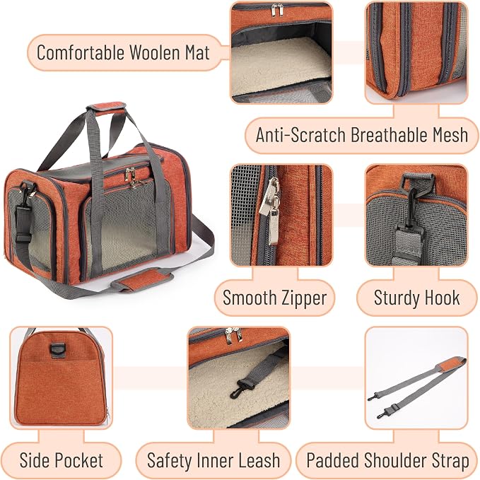 Mr. Pen- Pet Carrier, 17.5" x 11.2" x 11.5", Medium Size, Orange | Portable Travel Carrier for Small Pets, Cats & Small Dogs, Breathable Mesh, Safety Inner Leash - Image 3