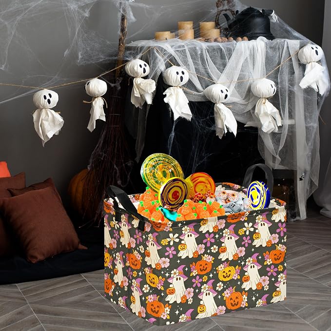 Halloween Pumpkin Ghost Storage Basket, Foldable Toy Organizer Bin | Halloween Pumpkin & Ghost Design with Cotton Linen Fabric, Waterproof Lining, Leather Handles and Foldable Storage Style - Image 5