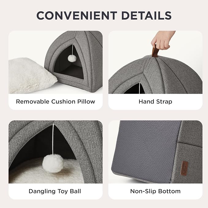 Bedsure 2in1 Cat Beds for Indoor Cats Cave for Kitten with Washable Pillow | 17.3in, Cat House for Small Dog, Covered Cat Tent, Foldable Hideaway, Fluffy Ball, Anti Slip Bottom,Removable Cushioned ,Grey - Image 4
