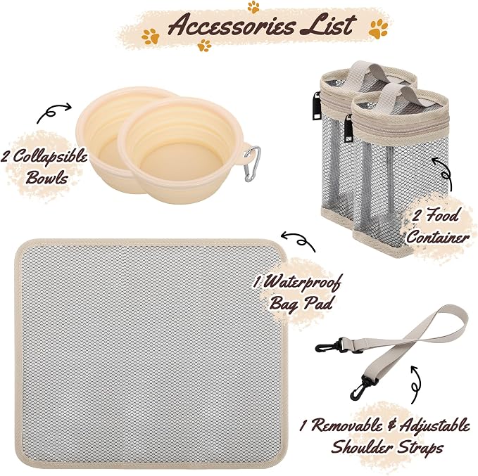 Modoker Compact Dog Travel Bag Set with 2 Bowls and Food Bags, 7.6L Beige | Under-Seat Pet Travel Organizer with 2 Food Bags, 2 Collapsible Bowls, Feeding Mat, Multiple Pockets and Adjustable Flap - Image 5