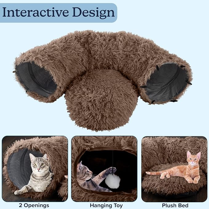 Cat Tunnel with Bed for Indoor Cats - 3FT Multifunctional Cat Tunnel Bed with Toys - Soft, Plush Peekaboo Cat Cave for Kittens, Cats, Ferrets, and Rabbits - Cat Products by PETMAKER (Brown) - Image 4