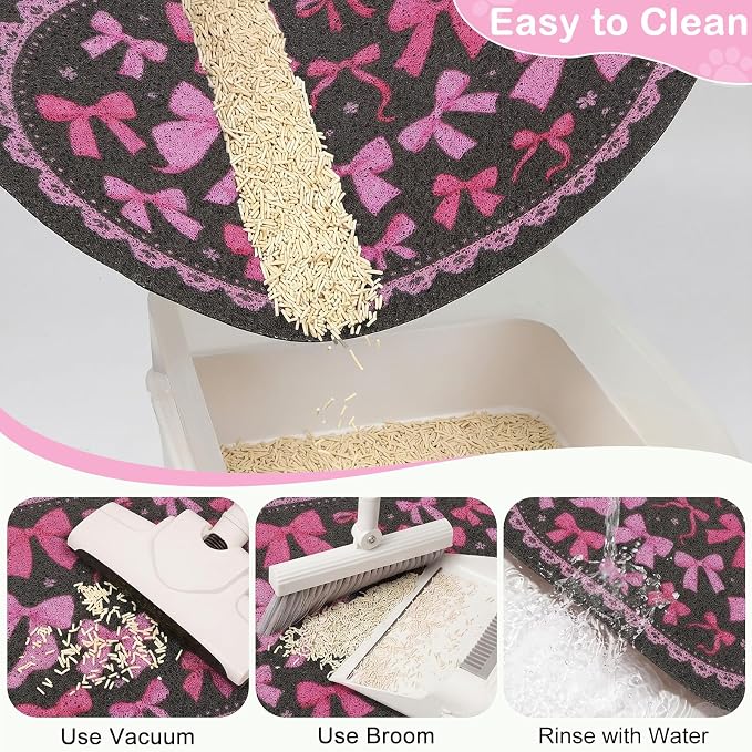 Bienbee Cat Litter Mat, 24" x 15" Litter Box Mat Rug with Non-Slip Bottom,Urine and Water Proof, Easy to Clean Cat Supplies Essentials for Indoor Kitty Kitten Floor, Pink Bow M - Image 6