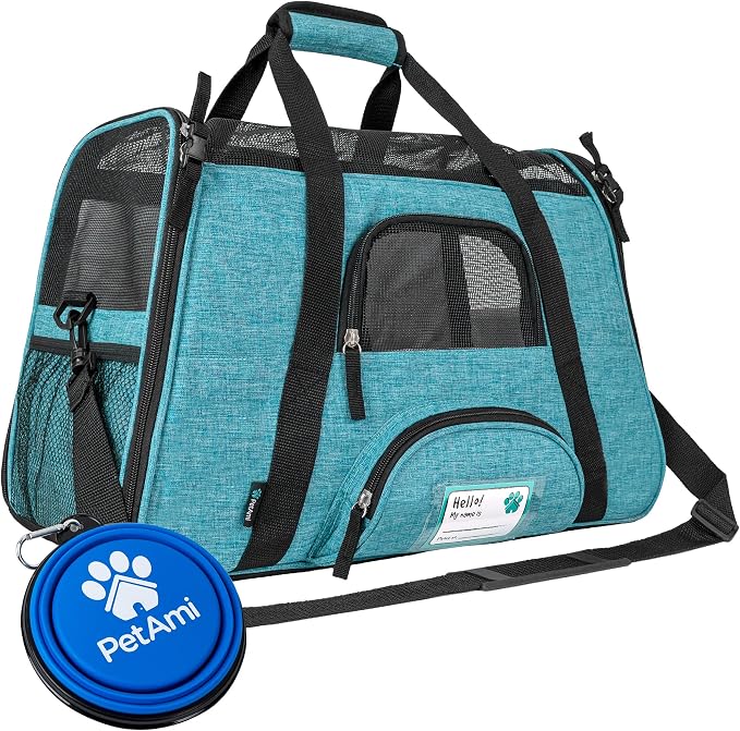 PetAmi Airline Approved Pet Carrier for Cats Small Dogs, Large Heather Blue | Soft Sided TSA Travel Bag, Sherpa Bed, Breathable Mesh Ventilation, Collapsible Bowl, Fits Under Seat, Up to 18 lbs by PetAmi