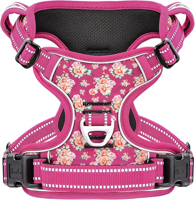 HEELE Dog Harness, Reflective, No Pull No Choke, Flower Rose, M | Front Clip for Medium Dog Harness, 2 Metal Rings with Handle, Adjustable, Soft Breathable Padded Pet Vest for Night Walking by HEELE