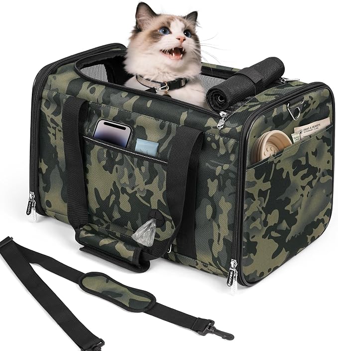 YUDODO 25lbs Cat Carrier Lightproof Soft Sided Pet Carrier for Large Cat | Airline Approved, Lightproof Breathable Design, Side Pockets, Durable Mesh, Foldable and Portable, Black Camouflage by YUDODO